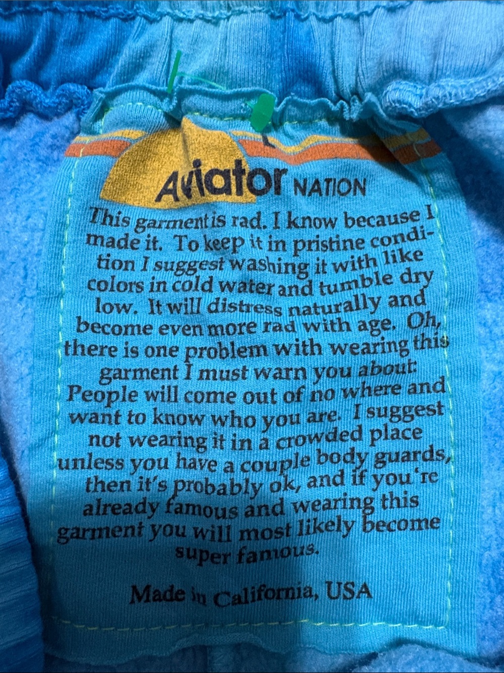 Aviator Nation Blue Tie-Dye Athletic Shorts with 5 Rainbow Side Stripes - Picture 4 of 5